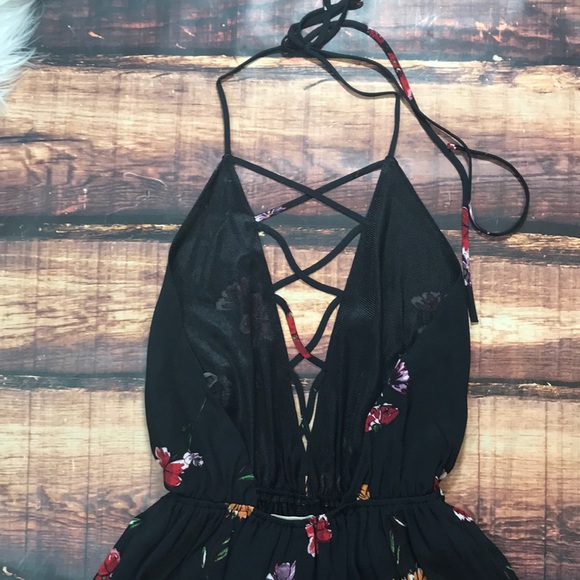 Sale!  Floral Lace Up Strappy Deep V Open Romper - Picture 3 of 8